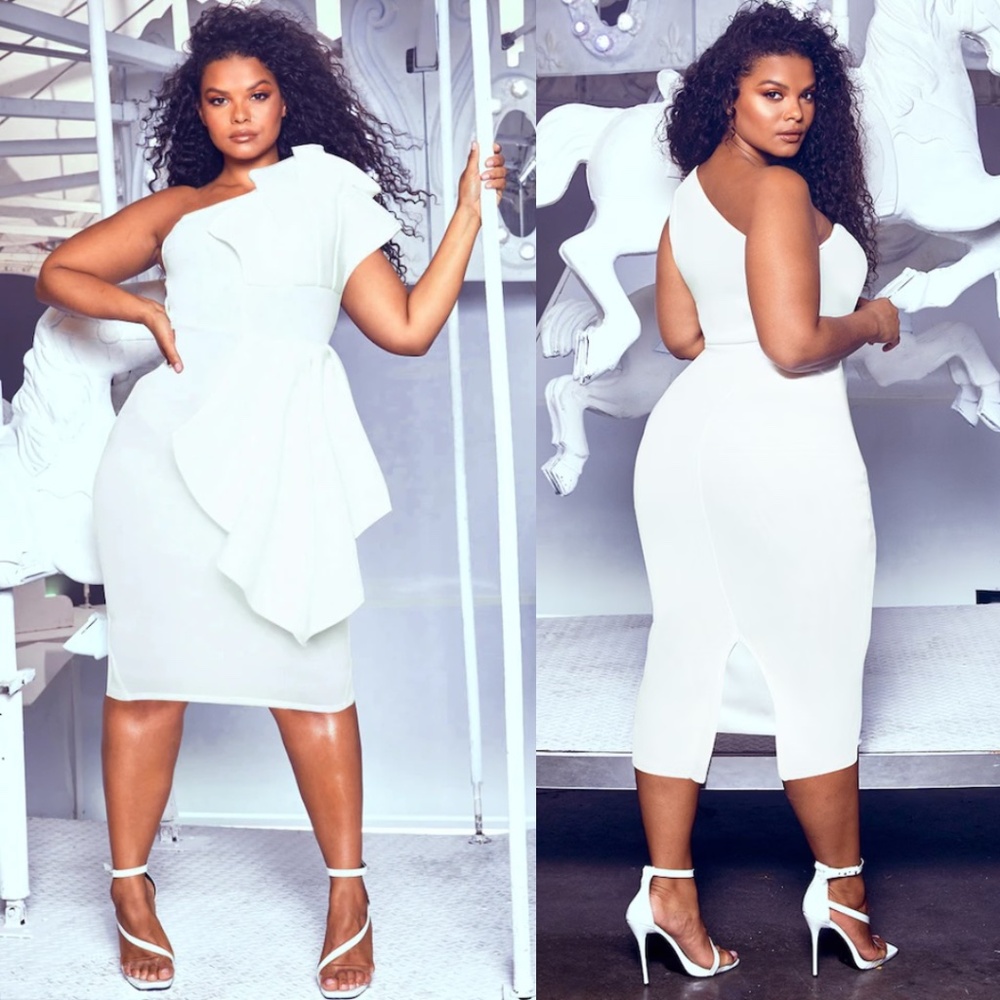 PLT White One Shoulder Scuba Pleated Detail Midi Dress - Size 6